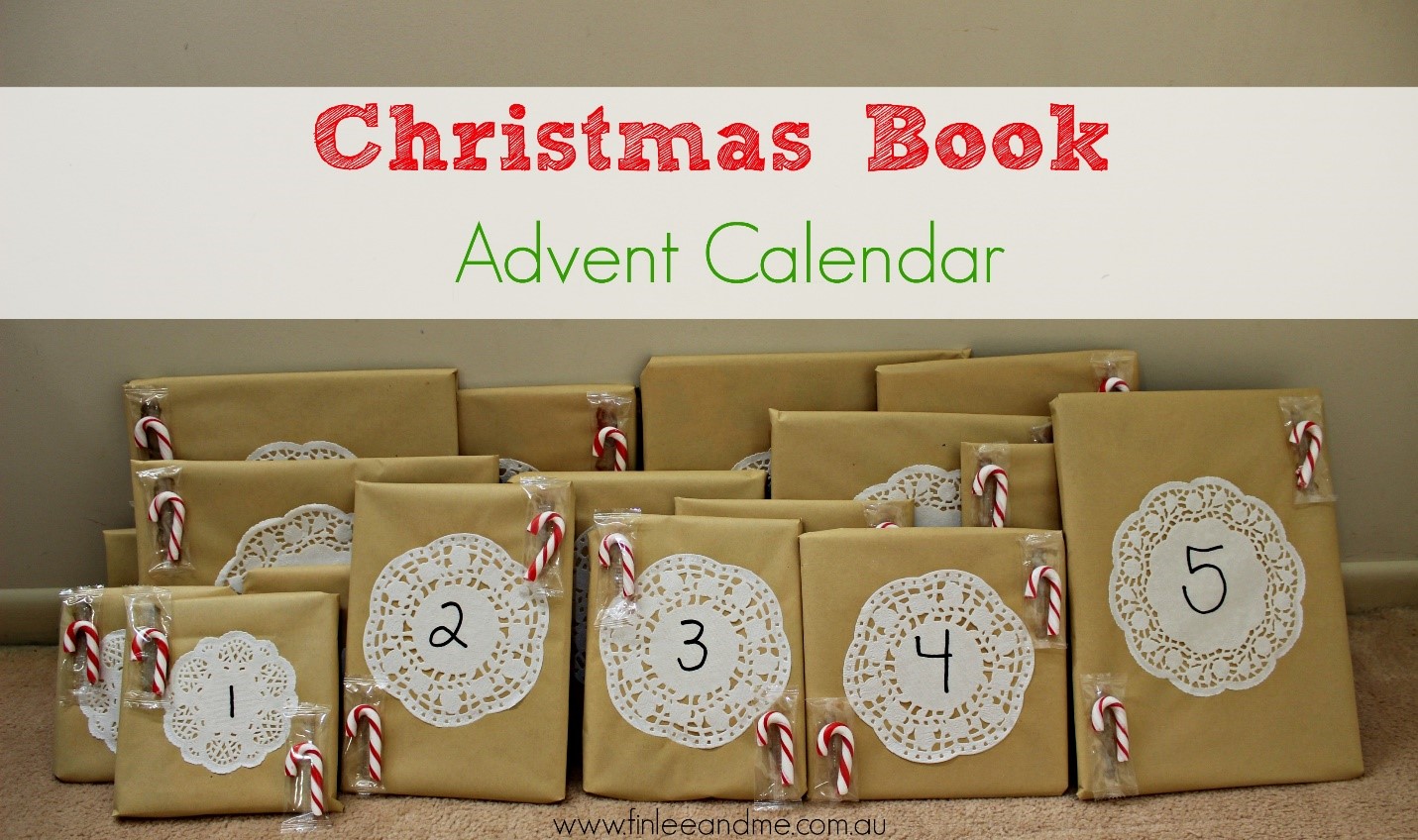 Books wrapped in brown paper with a number for each day of Advent
